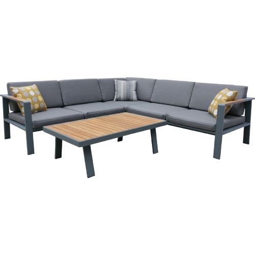 Nofi Outdoor Sectional Sofa Set in Gray Metal & Teak w/ Grey Fabric