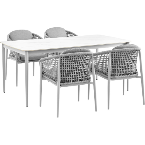 Rhodes Outdoor 5 Piece Dining Set in Aluminum, Sintered Stone & Gray Fabric