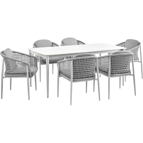 Rhodes Outdoor 7 Piece Dining Set in Aluminum, Sintered Stone & Gray Fabric