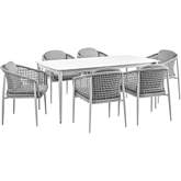 Rhodes Outdoor 7 Piece Dining Set in Aluminum, Sintered Stone & Gray Fabric