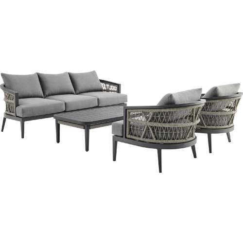 Zella Outdoor 4 Piece Sofa Set in Aluminum, Light Gray Rope & Fabric