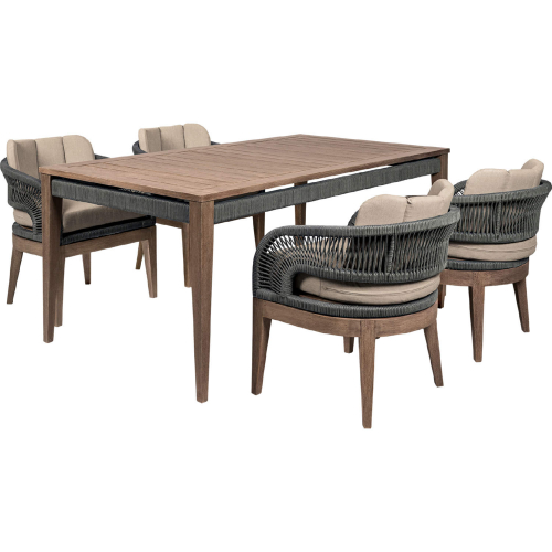 Orbit Outdoor 5 Piece Dining Set in Weathered Eucalyptus Wood, Gray Rope & Taupe Olefin Fabric