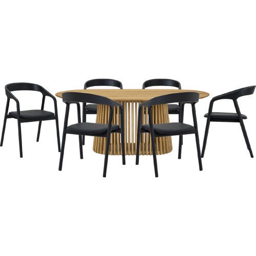 Pasadena Apache 7 Piece Oval Dining Set in Natural Oak, Black Oak & Black Leatherette