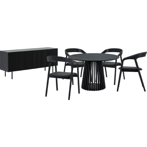 Pasadena Apache 6 Piece Round Dining Set w/ Buffet in Black Oak & Black Leatherette