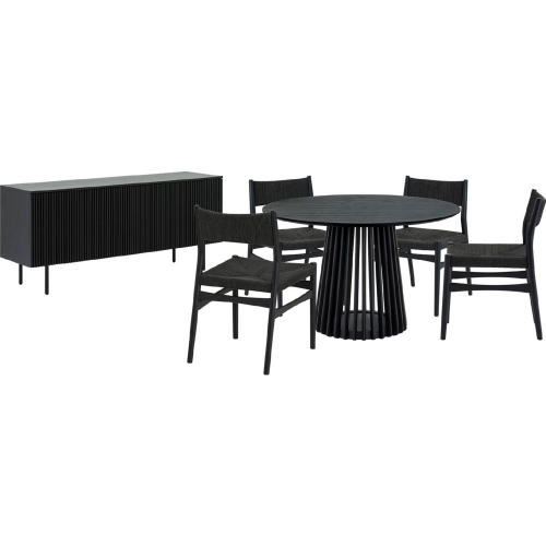 Pasadena Erie 6 Piece Round Dining Set w/ Buffet in Black Oak & Black Paper Cord