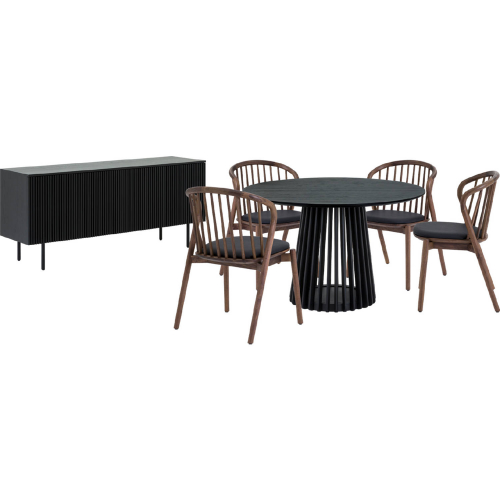 Pasadena Echo 6 Piece Round Dining Set with Buffet in Black Oak, Walnut & Black Leatherette