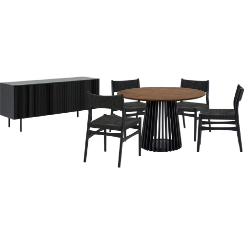 Pasadena Erie 6 Piece Round Dining Set w/ Buffet in Walnut, Black Oak & Black Paper Cord