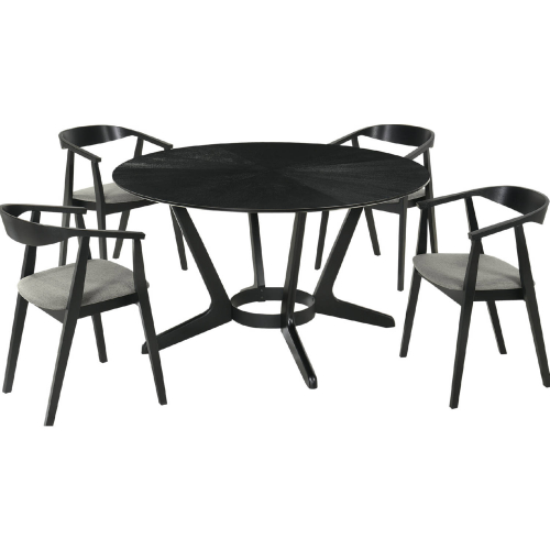 Santana 5 Piece Round Dining Set in Black Finish Wood & Charcoal Gray Fabric