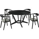 Santana 5 Piece Round Dining Set in Black Finish Wood & Charcoal Gray Fabric