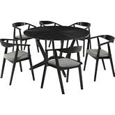 Santana 7 Piece Round Dining Set in Black Finish Wood & Charcoal Gray Fabric