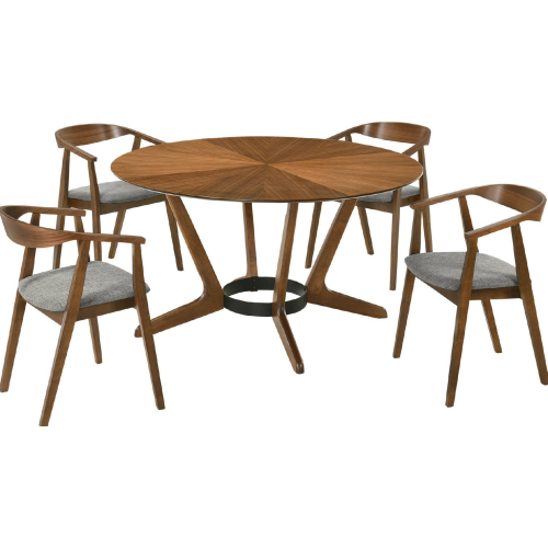 Santana 5 Piece Round Dining Set in Walnut Finish Wood & Charcoal Gray Fabric