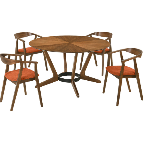 Santana 5 Piece Round Dining Set in Walnut Finish Wood & Orange Fabric