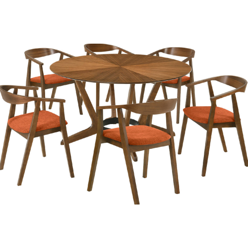 Santana 7 Piece Round Dining Set in Walnut Finish Wood & Orange Fabric