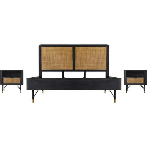 Saratoga 3 Piece King Bedroom Set in Black Acacia Wood & Rattan