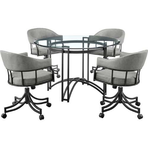 Tibet 5 Piece Dining Set in Black Iron, Glass & Gray Leatherette