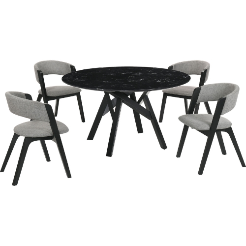 Venus & Rowan 5 PC Dining Set in Black Marble Look, Grey Fabric & Black