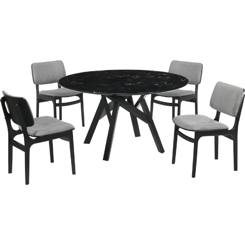 Venus & Lima 5 PC Dining Set in Black Marble Look, Grey Fabric & Black