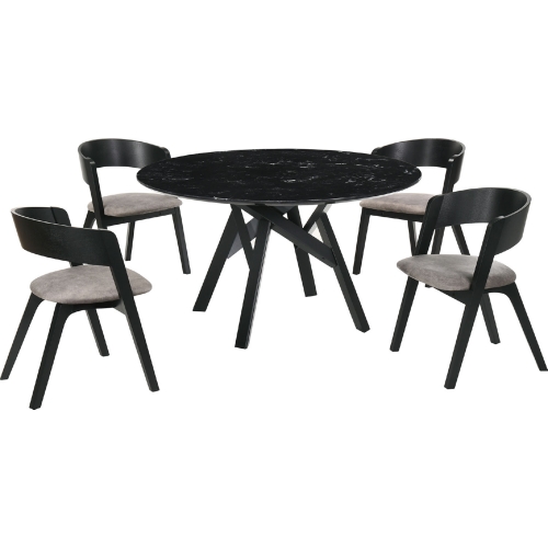 Venus & Jackie 5 PC Dining Set in Black Marble Look, Brown Fabric & Black