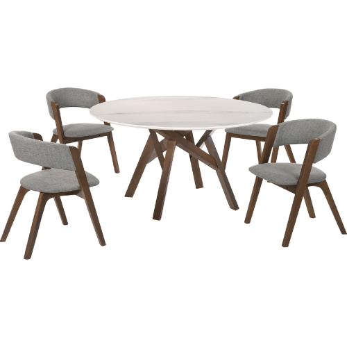 Venus & Rowan 5 PC Dining Set in White Marble Look, Grey Fabric & Walnut