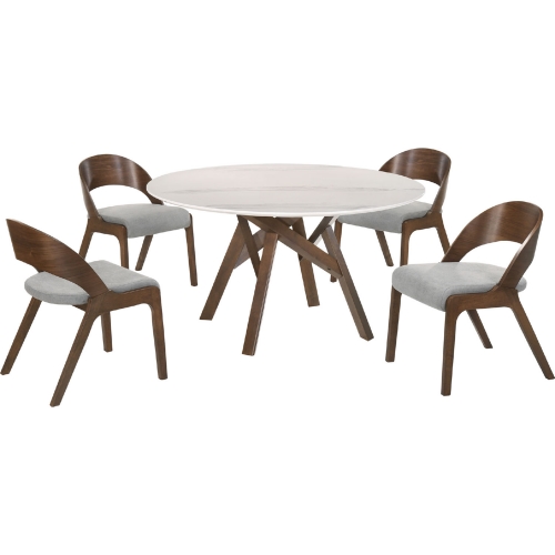 Venus & Polly 5 PC Dining Set in White Marble Look, Grey Fabric & Walnut