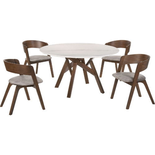 Venus & Jackie 5 PC Dining Set in White Marble Look, Brown Fabric & Walnut