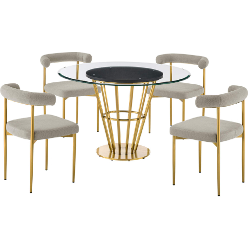 Veronica & Shannon 5 Piece Dining Set in Brushed Gold Stainless Steel, Glass & Taupe Fabric