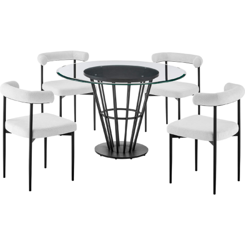 Veronica & Shannon 5 Piece Dining Set in Matte Black Iron, Glass & Gray Fabric