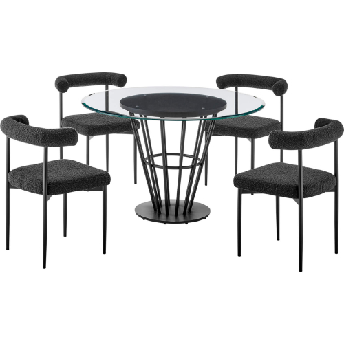 Veronica & Shannon 5 Piece Dining Set in Matte Black Iron, Glass & Black Fabric