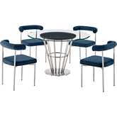 Veronica & Shannon 5 Piece Dining Set in Brushed Stainless Steel, Glass & Blue Fabric