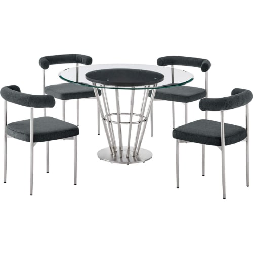 Veronica & Shannon 5 Piece Dining Set in Brushed Stainless Steel, Glass & Charcoal Fabric