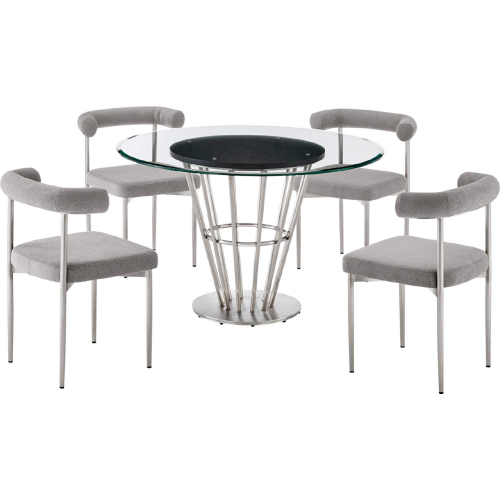 Veronica & Shannon 5 Piece Dining Set in Brushed Stainless Steel, Glass & Light Gray Fabric