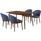 Westmont & Juno 5 Piece Dining Set in Blue Fabric & Walnut Wood