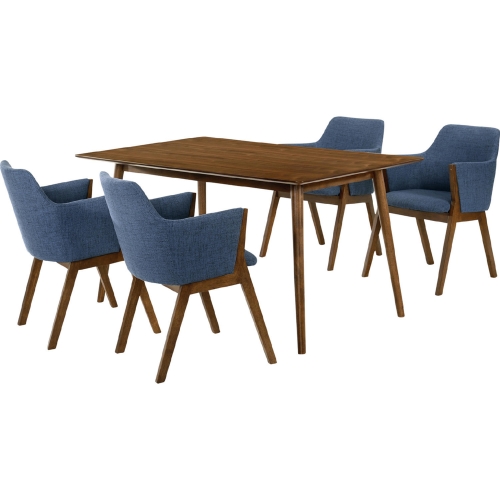 Westmont & Renzo 5 Piece Dining Set in Blue Fabric & Walnut Wood