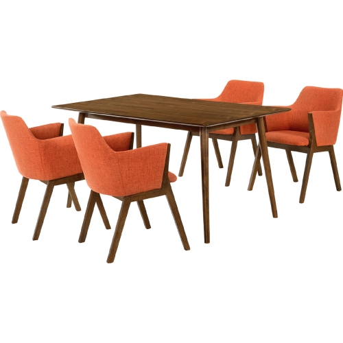 Westmont & Renzo 5 Piece Dining Set in Orange Fabric & Walnut Wood