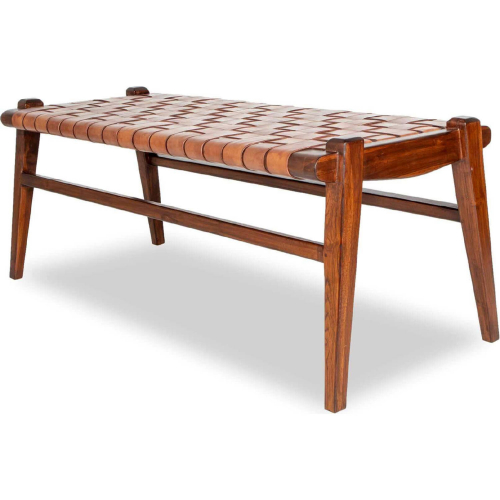 Cody Bench in Woven Tan Leather & Wood