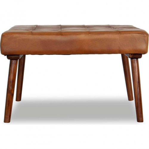 Mark Ottoman in Square Tufted Tan Leather & Wood