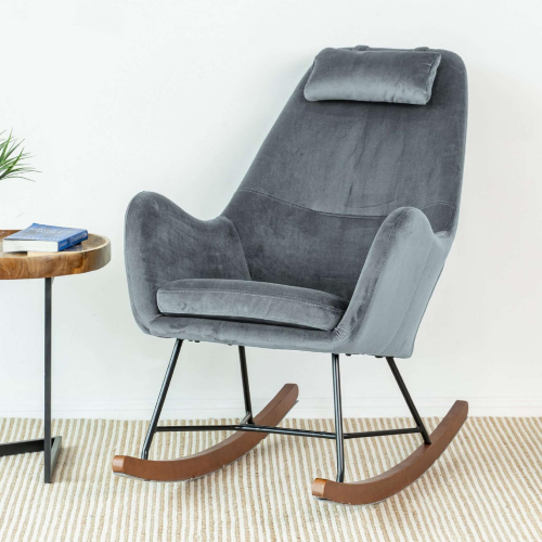 Chelsea Rocking Chair in Grey Velvet, Metal & Wood