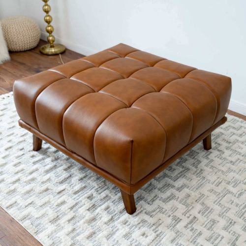 Addison Square Ottoman in Tufted Cognac Leather & Wood