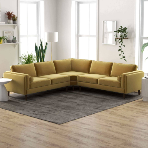 Amber Corner Sectional Sofa in Yellow Velvet & Wood