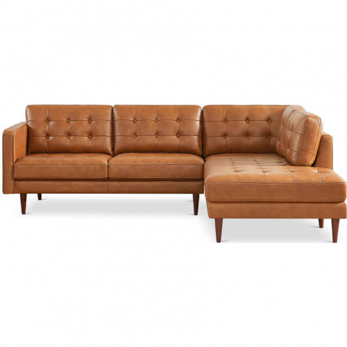 Lucco Sectional Sofa w/ Right Facing Chaise in Tufted Tan Leather