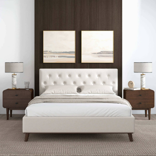 Graceville Queen Platform Bed in Tufted Beige Fabric