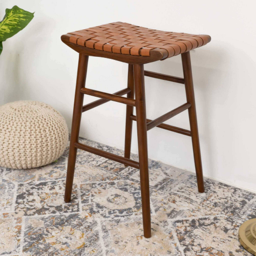 Maya 30" Bar Stool in Woven Tan Leather & Wood