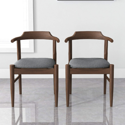 Leon Dining Chair in Wood & Grey Fabric (Set of 2)