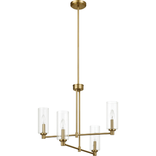 Enigma 4 Light Chandelier in Satin Brass & Clear Ribbed Glass