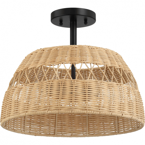 Twinkle 2 Light Semi Flush Ceiling Pendant Light in Black Metal & Rattan Shade