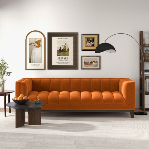 Melissa Sofa in Channel Tufted Orange Velvet