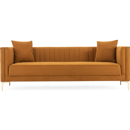 Angelina 91" Sofa in Channel Tufted Cognac Brown Velvet & Gold Metal