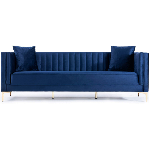 Angelina 91" Sofa in Channel Tufted Dark Blue Velvet