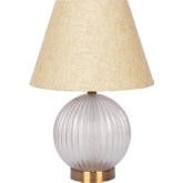 Serenity Round Table Lamp in Clear Ribbed Glass Lamp, Brass & Linen Shade