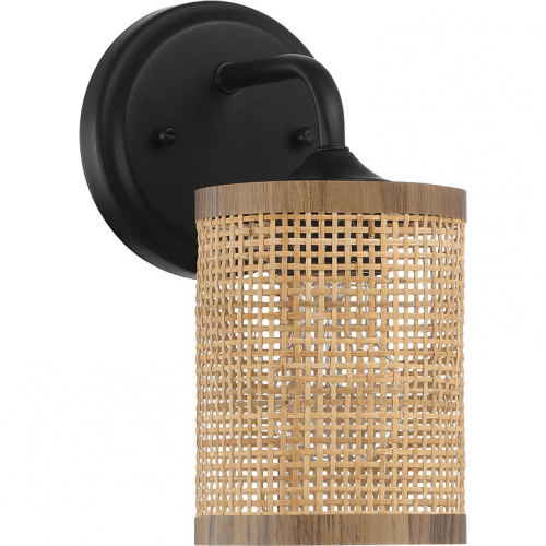 Reef 1 Light Wall Sconce in Black Metal & Natural Rattan Shade